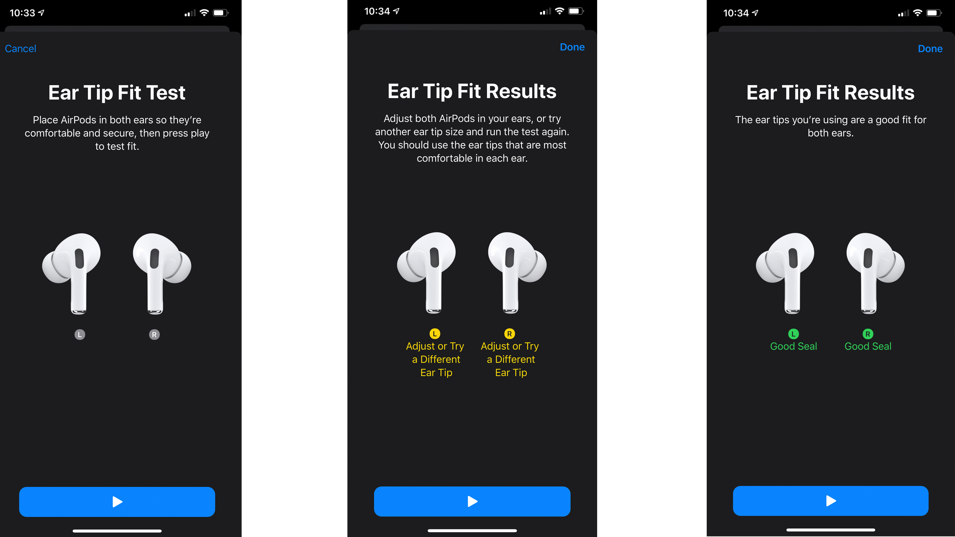 the apple AirPods Pro ear tip fit test on a smartphone