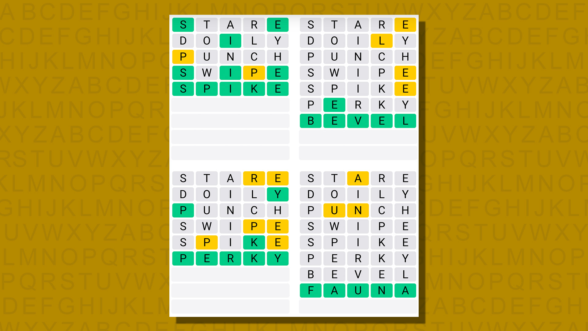 Quordle answers for game 797 on a yellow background