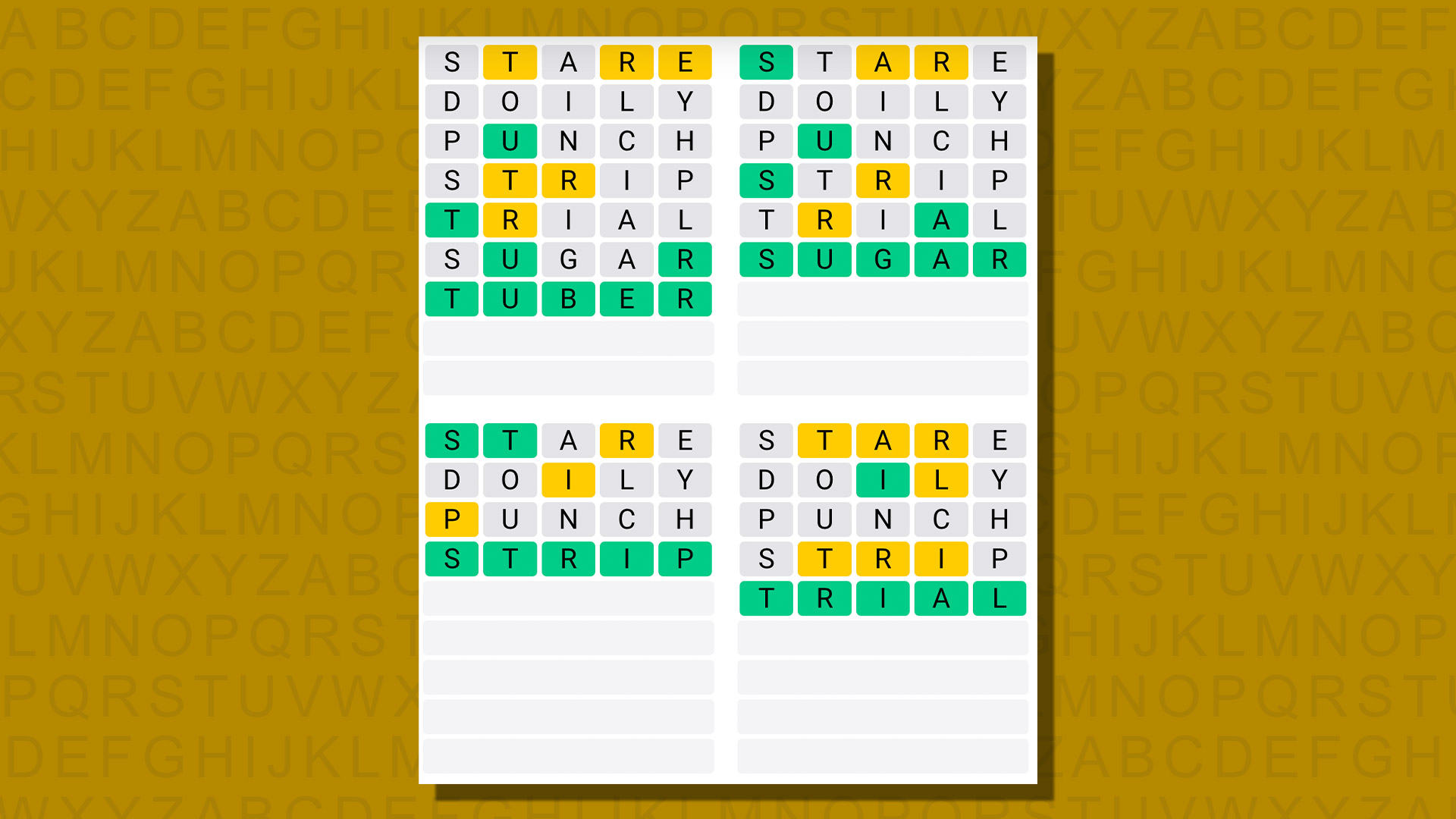 Quordle answers for game 782 on a yellow background