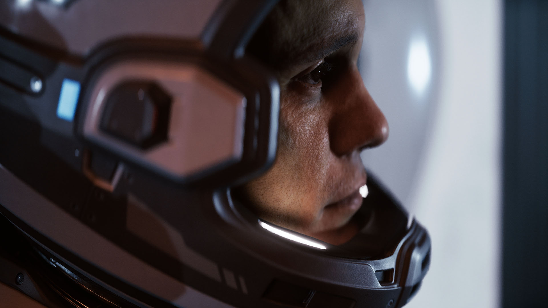 Screenshot from Directive 8020 showing a closeup of a character's face in a space suit