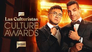 A promotional image for Las Culturistas Culture Awards 2025 featuring Bowen Yang and Matt Rogers wearing tuxedos.