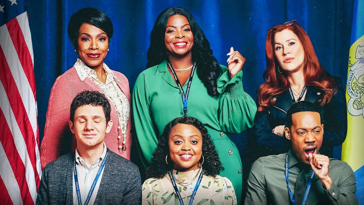 A promo shot for the TV show Abbott Elementary of the main cast posing for a photo.