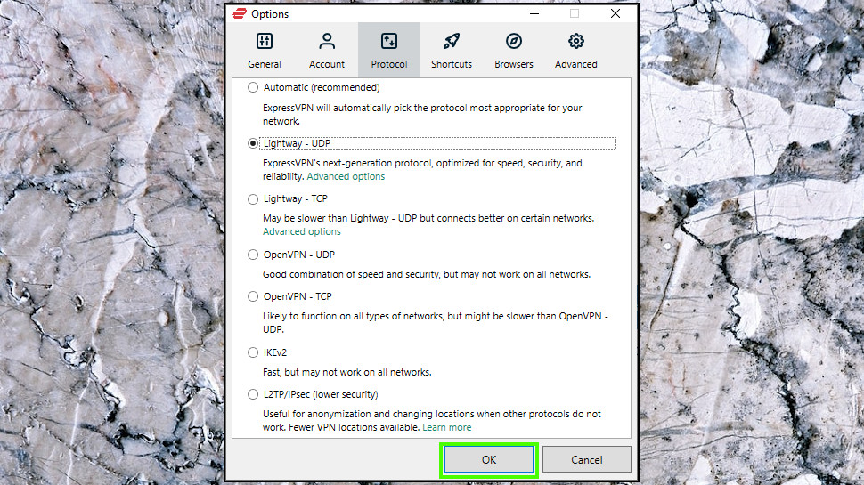 Confirming your choice of protocol in the ExpressVPN Windows app
