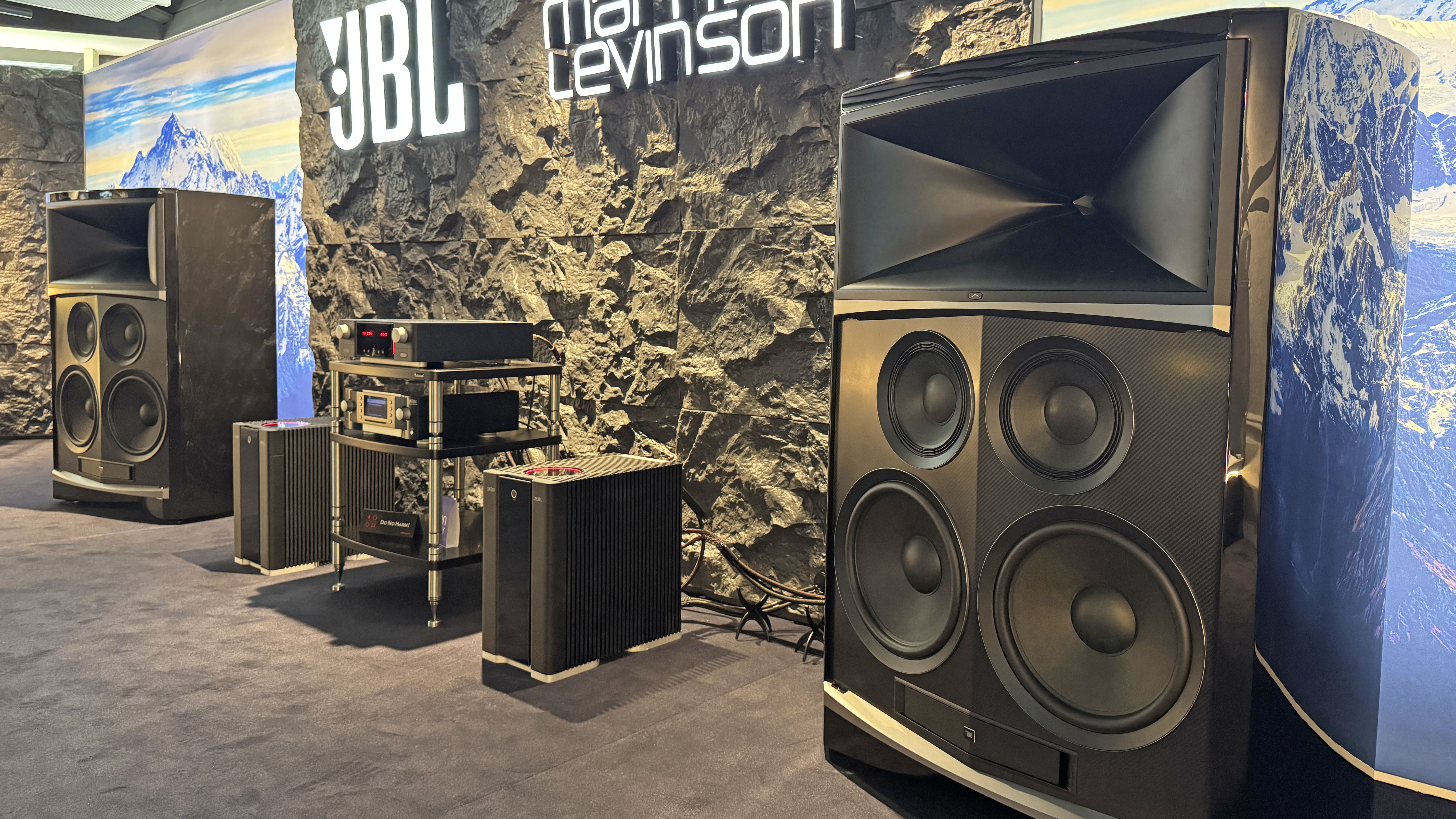 The JBL Summit Everest speakers showing the large speaker drivers