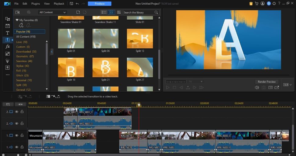 Screenshot of transitions in video editing software CyberLink PowerDirector