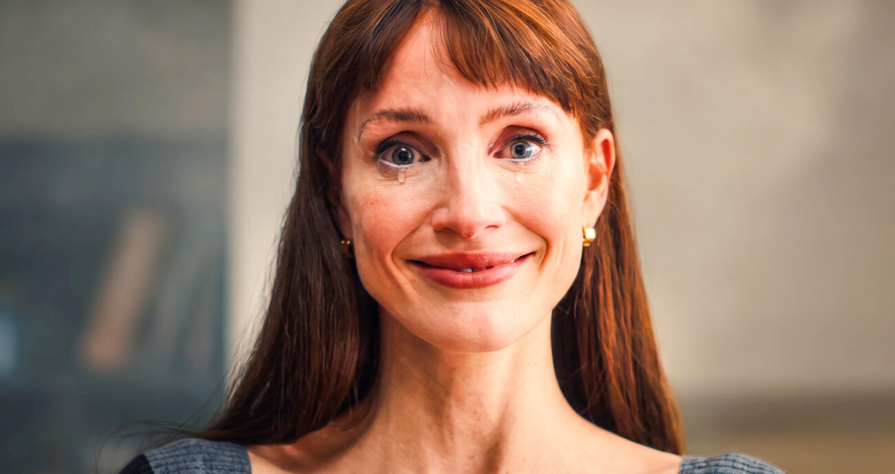 Jessica Chastain in Other Mommy, with a creepy smile and tears spilling down her eyes