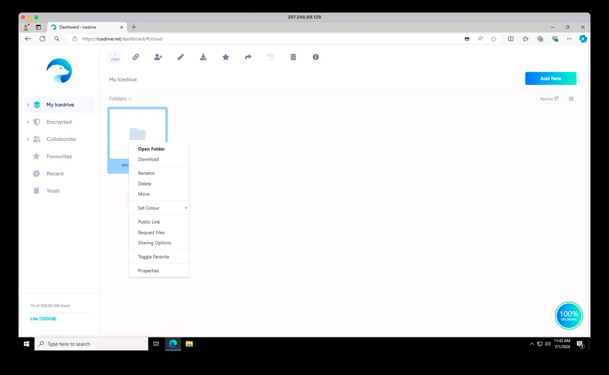 The IceDrive web interface.