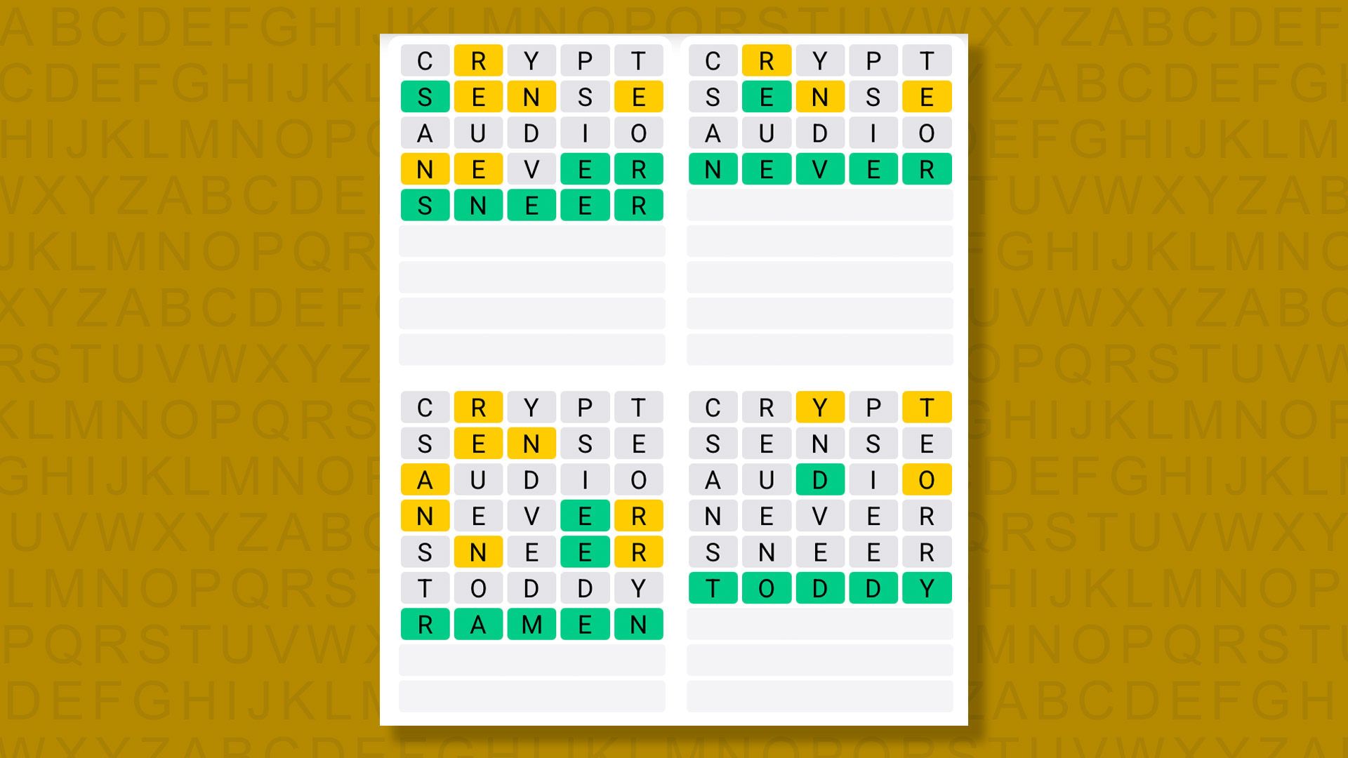 Quordle answers for game 1562 on a yellow background