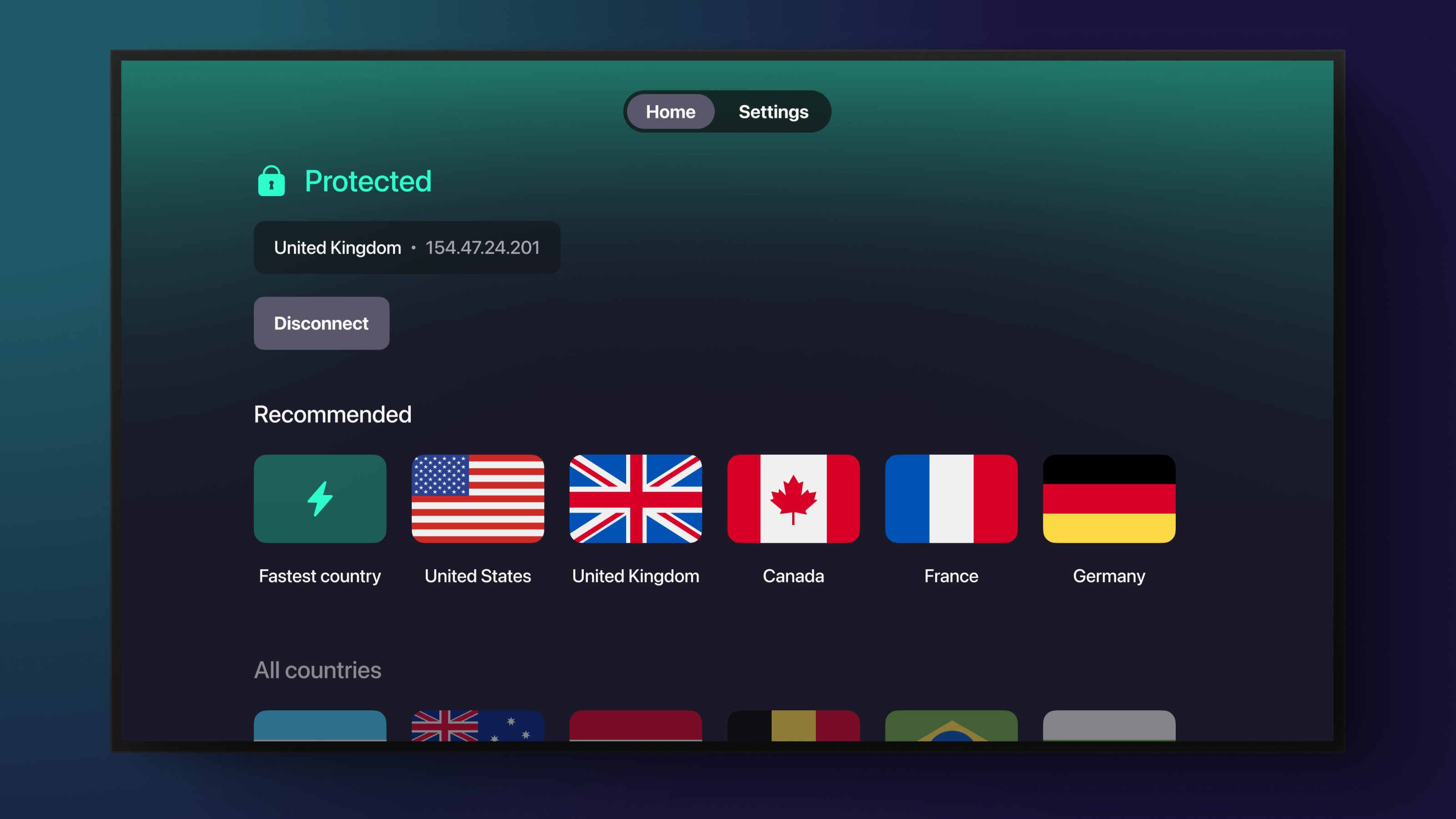 Proton VPN app on Apple TV &amp;ndash; promo image.