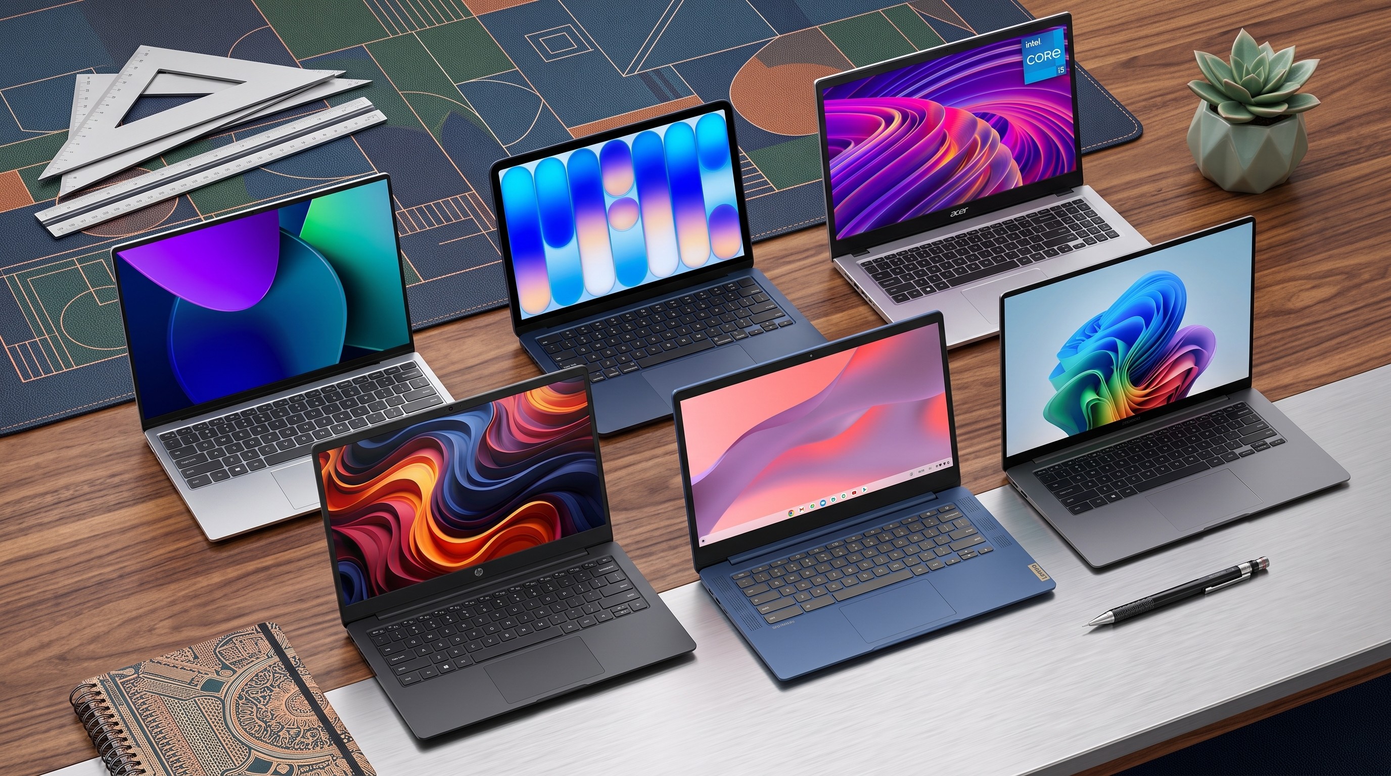 A collage of Lenovo, Apple, Samsung, Dell, and Acer laptops on a wooden desktop.