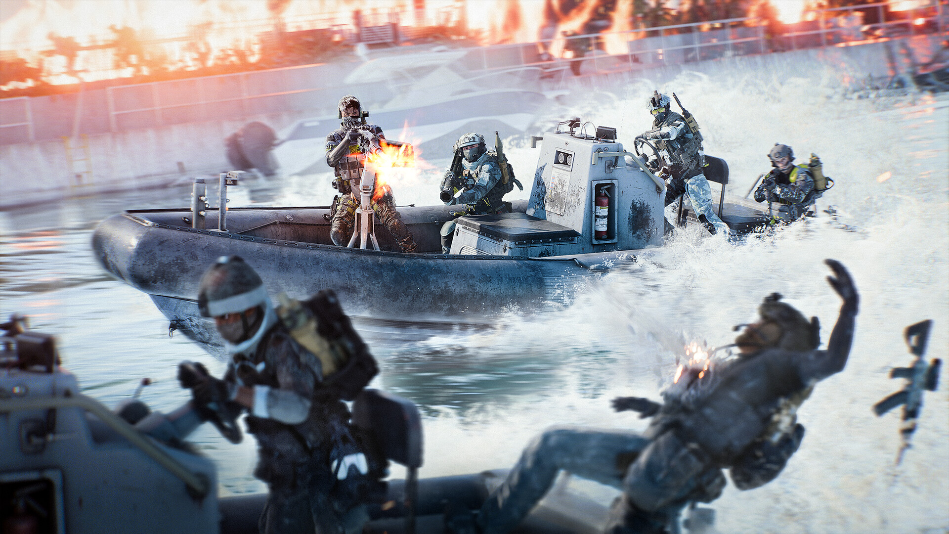 Soldiers battle it out on speedboats, firing from mountain turrets while driving at high speed.
