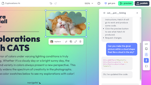 Screenshot of Hatch website builder AI tool being used to create a website