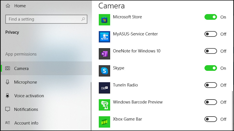 Windows 10 camera app permissions