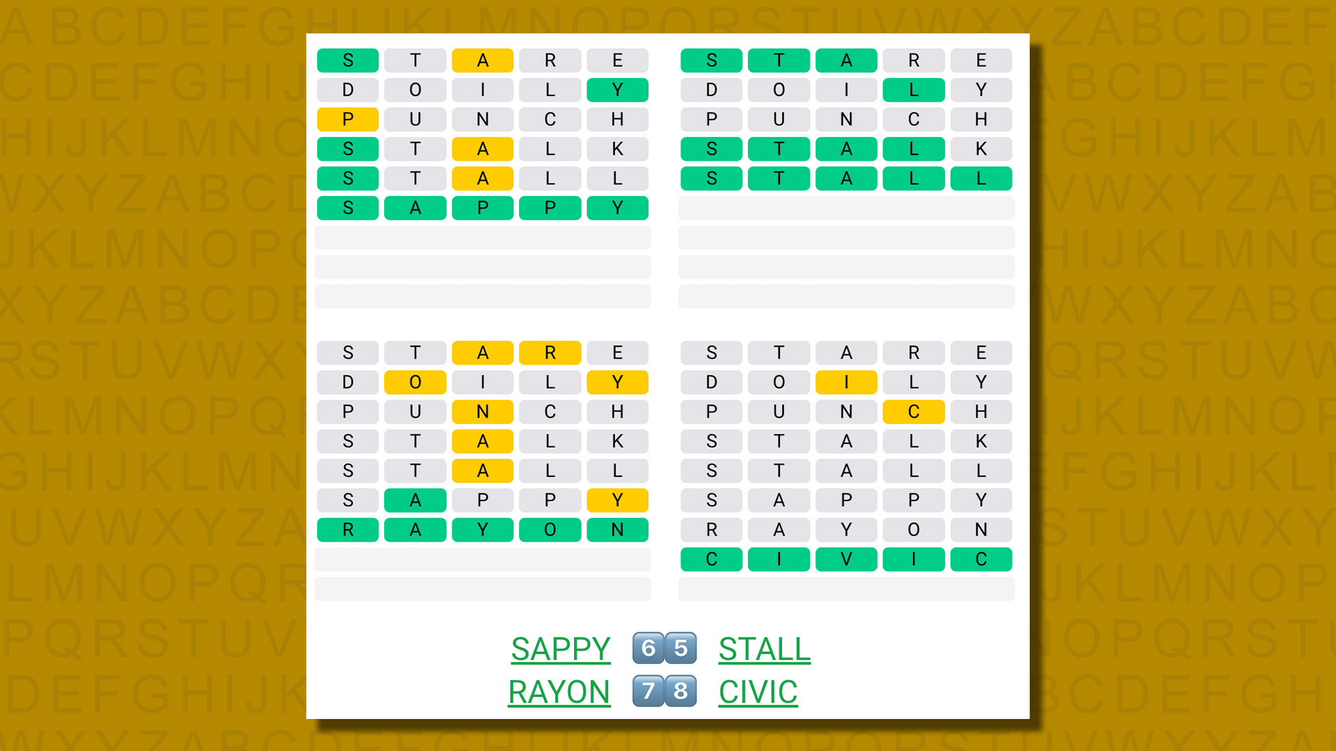 Quordle answers for game 592 on a yellow background