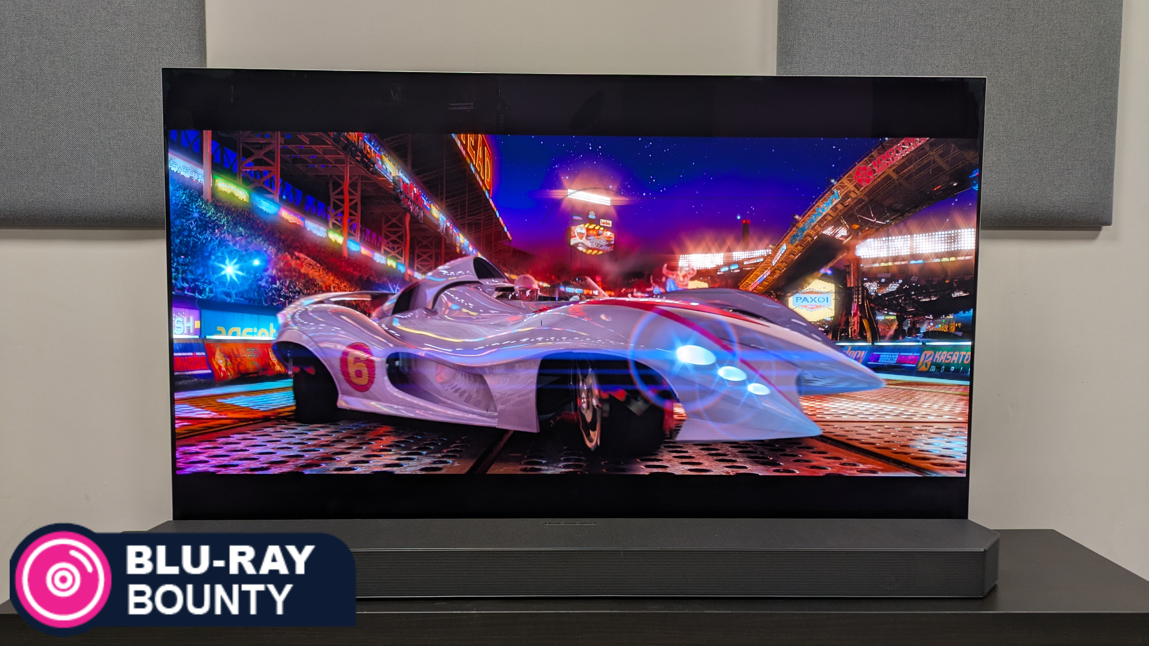 Blu-ray Bounty June 2026 hero image showing Mach 5 car from Speed racer 4K Blu-ray on LG G5 OLED TV 