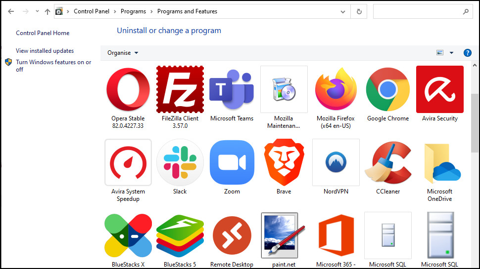 Windows 10 Uninstall Applications screen