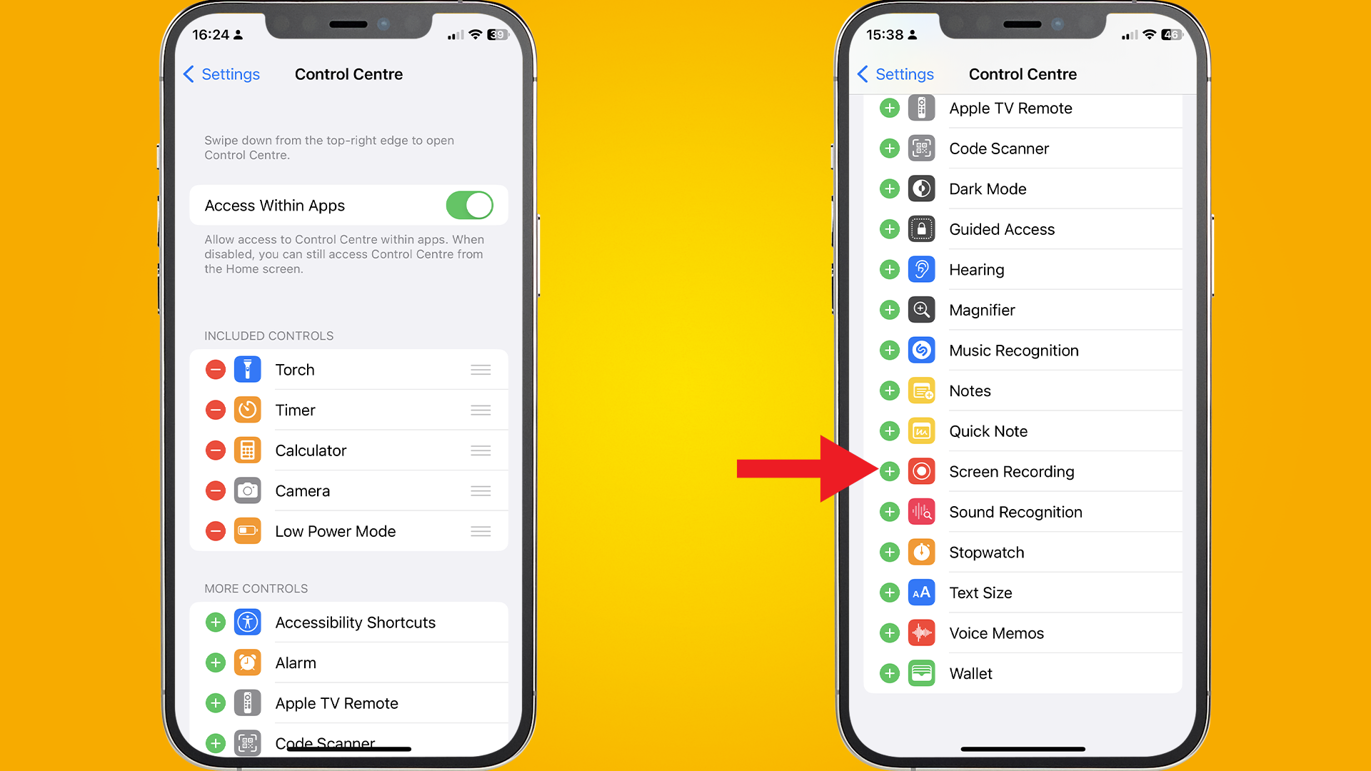an iPhone on a yellow background with a red arrow pointing at the location of the Screen recorder option
