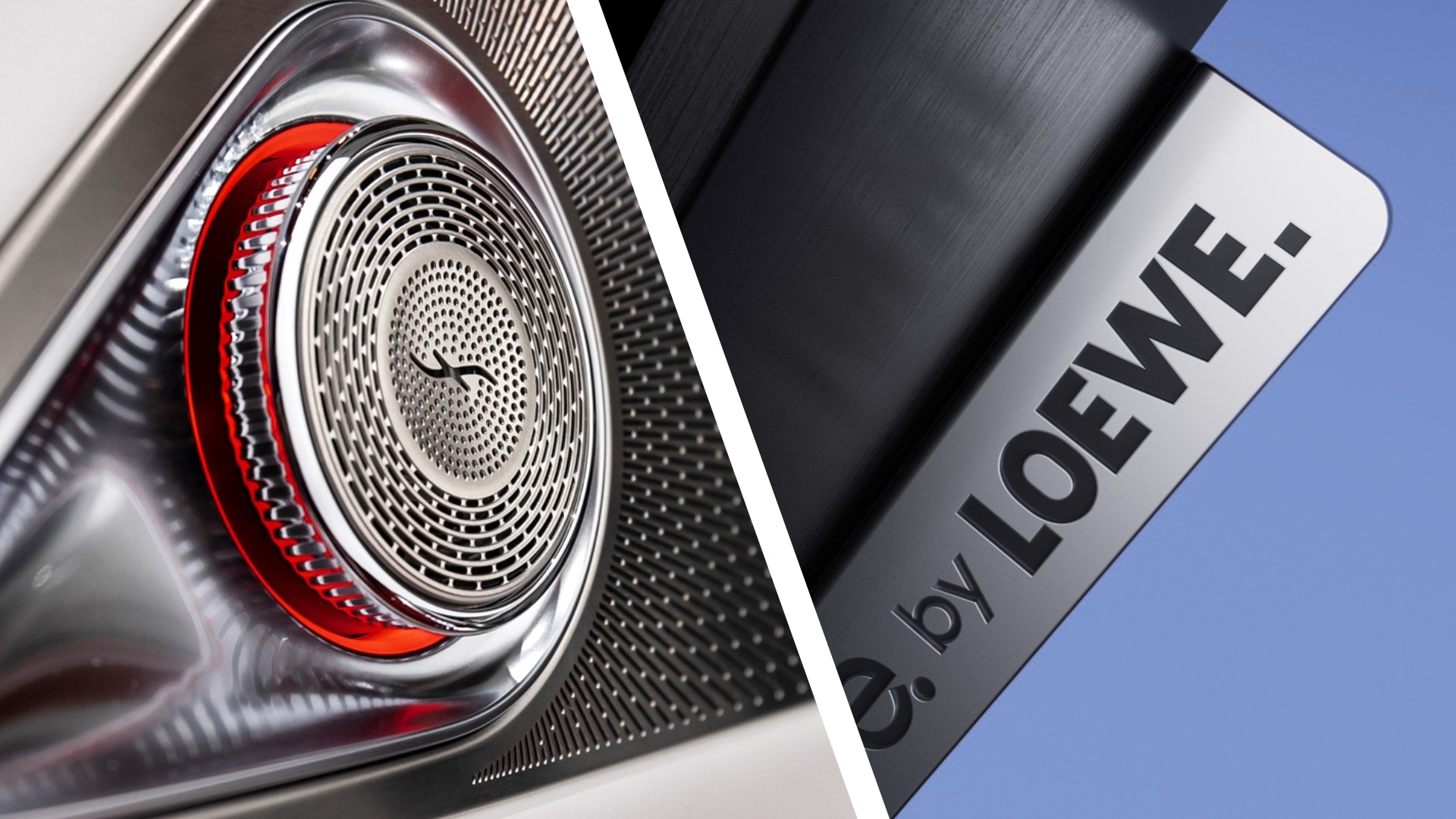 The Loewe logo on the side of a TV, and a Burmester in-car audio speaker