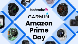 Various Garmin products in a diamond-shaped grid with banners for TechRadar, Garmin and Amazon Prime Day in the middle
