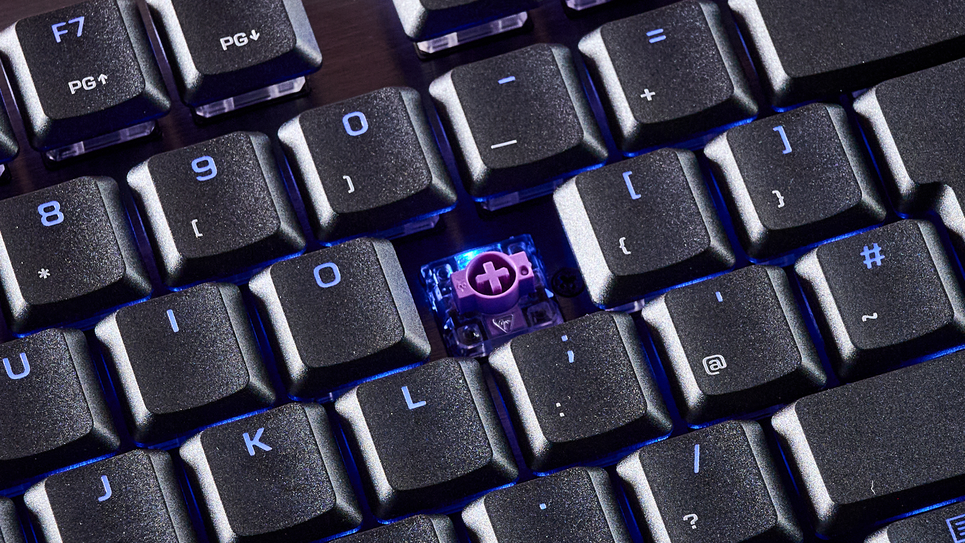 A closeup of the Turtle Beach Command Series KB7's keys with the P keycap removed.