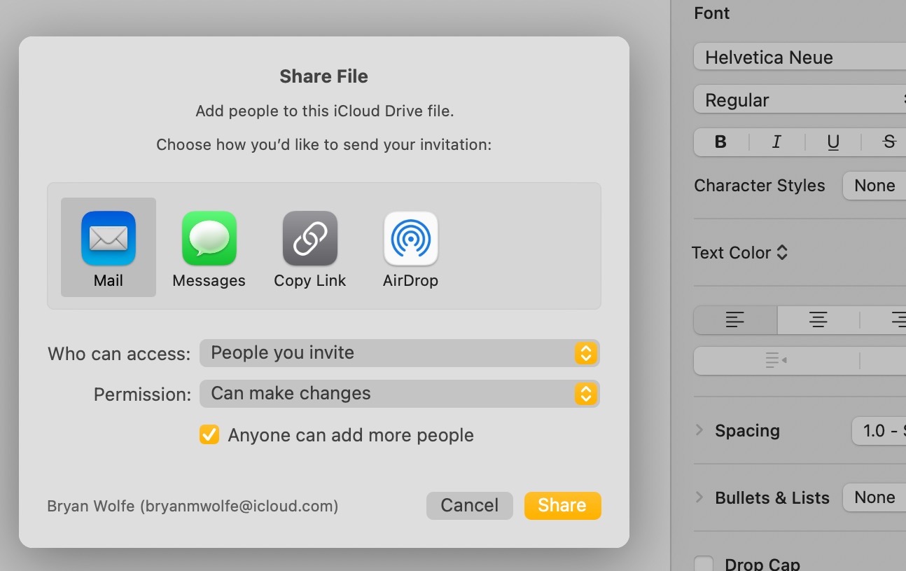 Apple Pages sharing