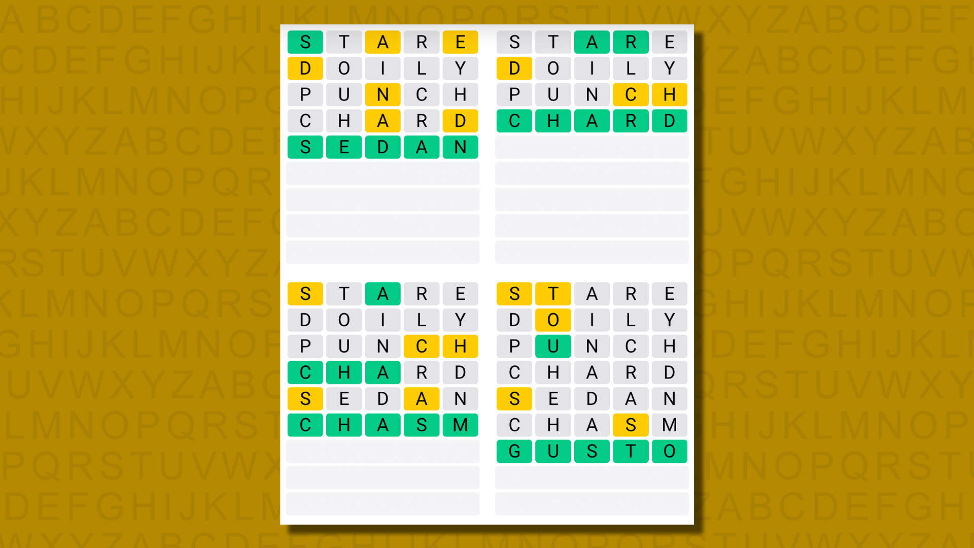 Quordle answers for game 610 on a yellow background