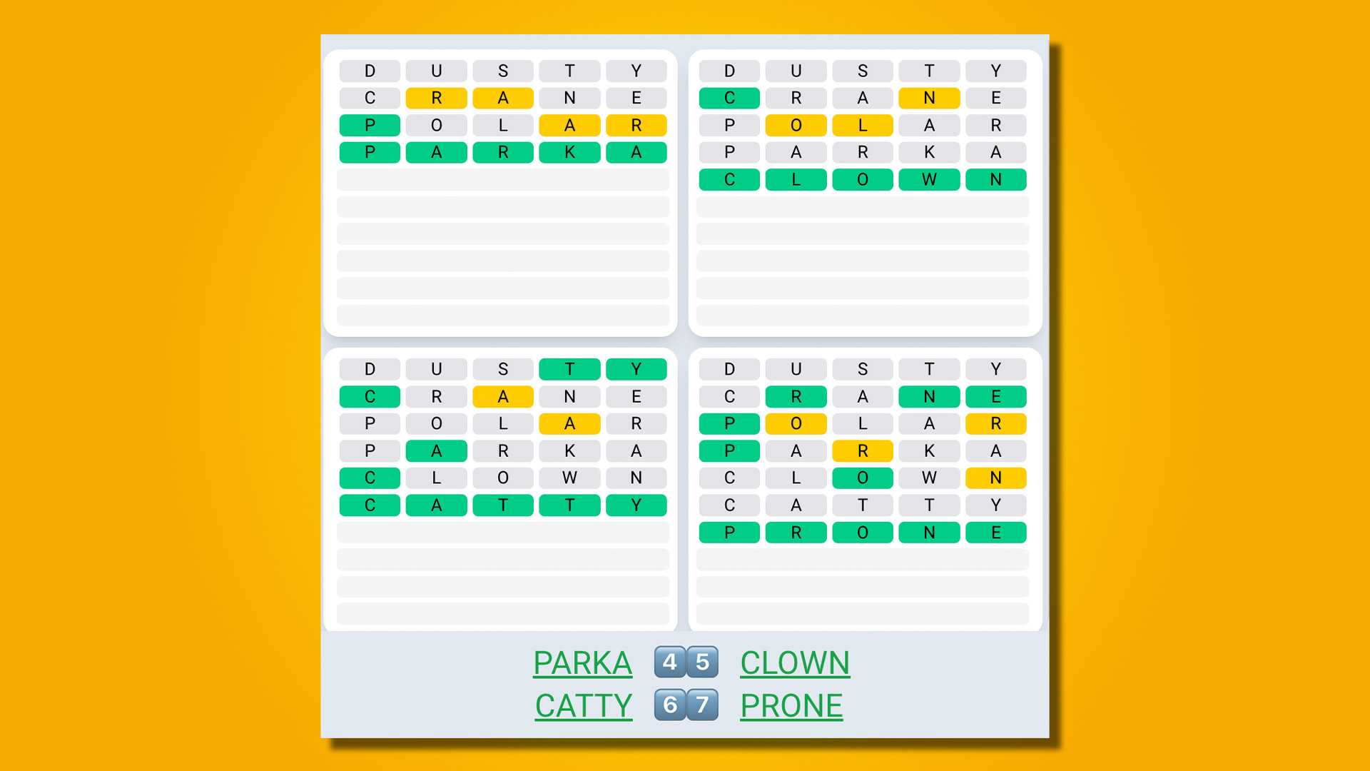Quordle Daily Sequence answers for game 526 on a yellow background