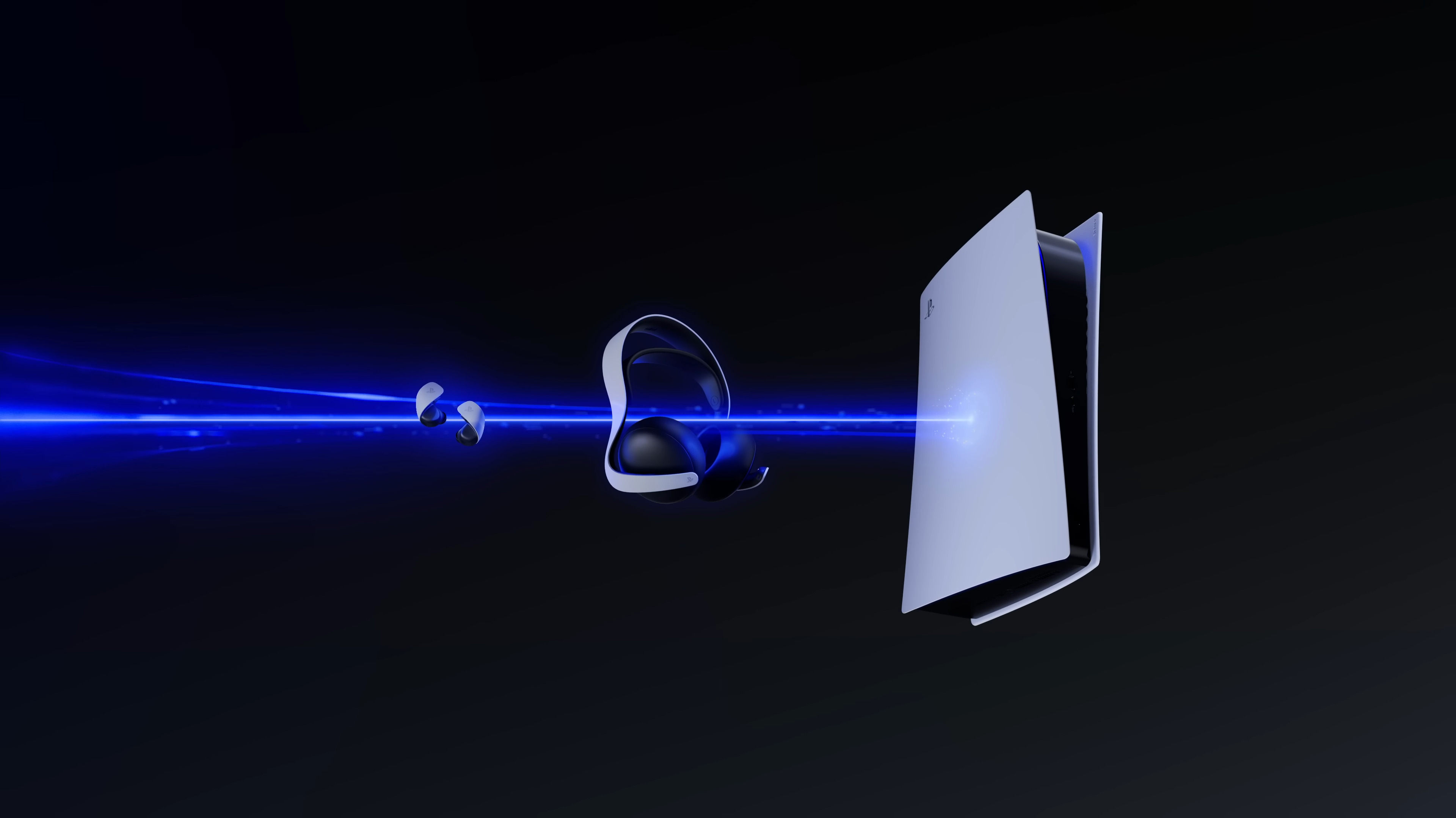 A graphic of PlayStation Link connecting a PS5, Pulse Elite headset, and Pulse Explore earbuds.
