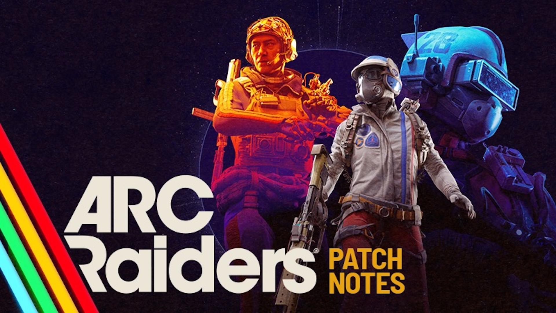 Arc Raiders Patch Notes written against a background of three Raiders posing in various in-game outfits