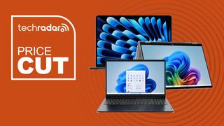 Apple MacBook, HP Omnibook and Lenovo laptop on an orange background next to TechRadar price cut badge