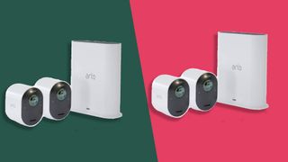 The Arlo Ultra two camera kit on a green background and the Arlo Ultra 2 on a pink background