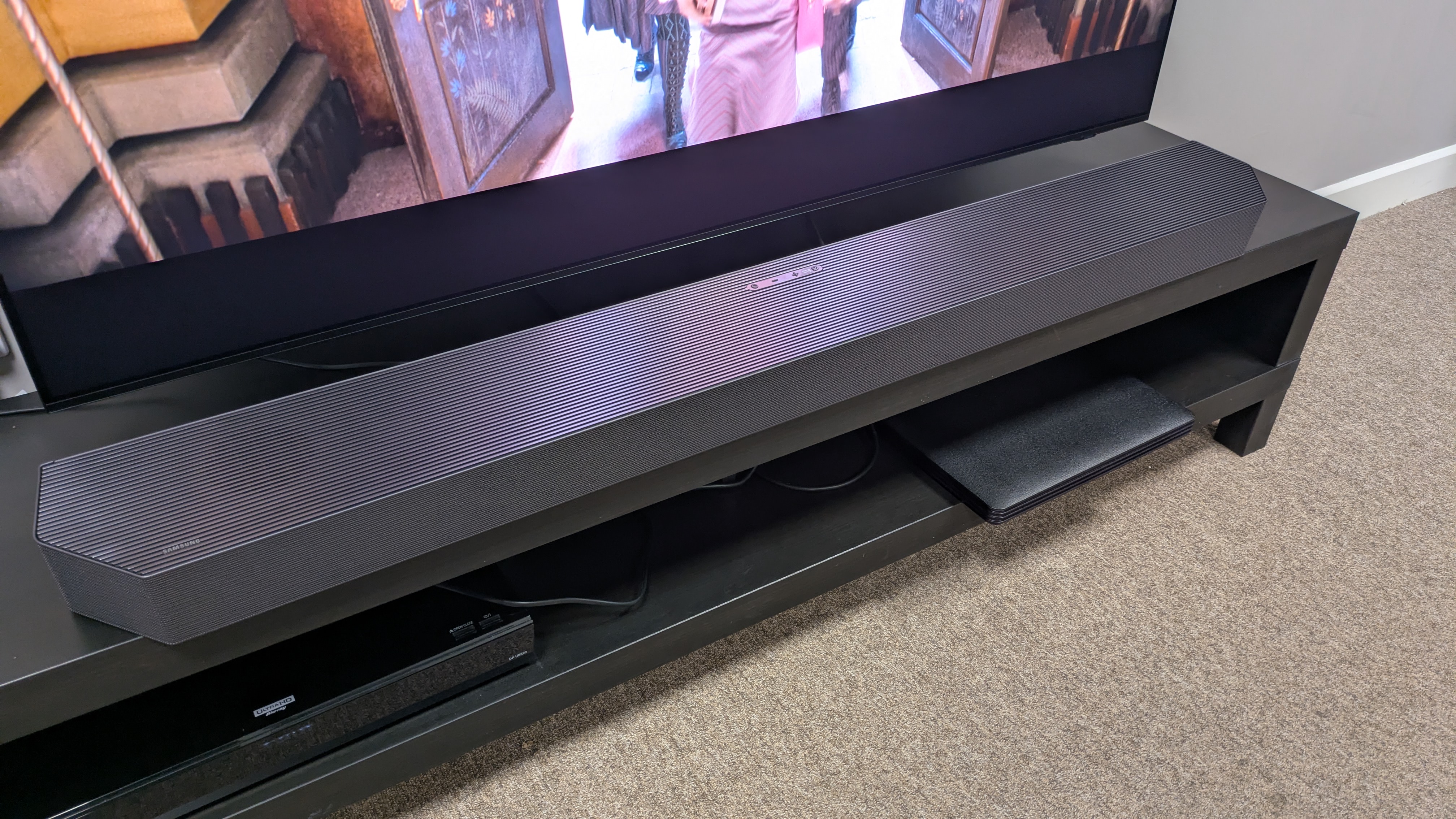 Samsung HW-Q990F connected to Samsung S95F with Panasonic DP-UB820 underneath