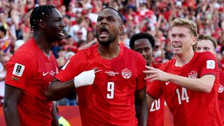 Cyle Larin of Canada celebrates with teammates after scoring during the FIFA World Cup 2026 Group B match between Canada and Bosnia and Herzegovina at Toronto Stadium on June 12, 2026
