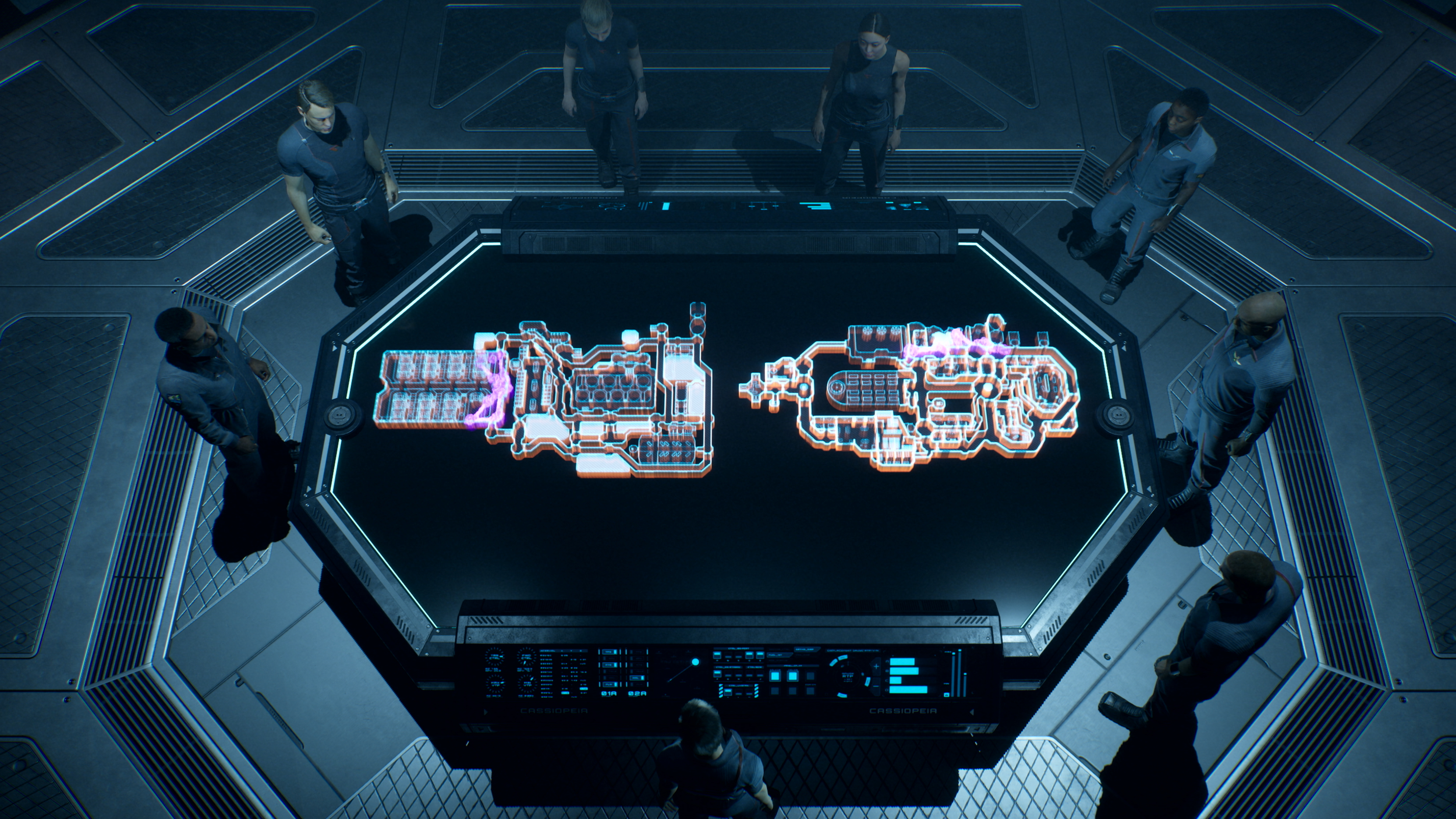 Screenshot from Directive 8020 showing a the characters around a table showing a map of the ship