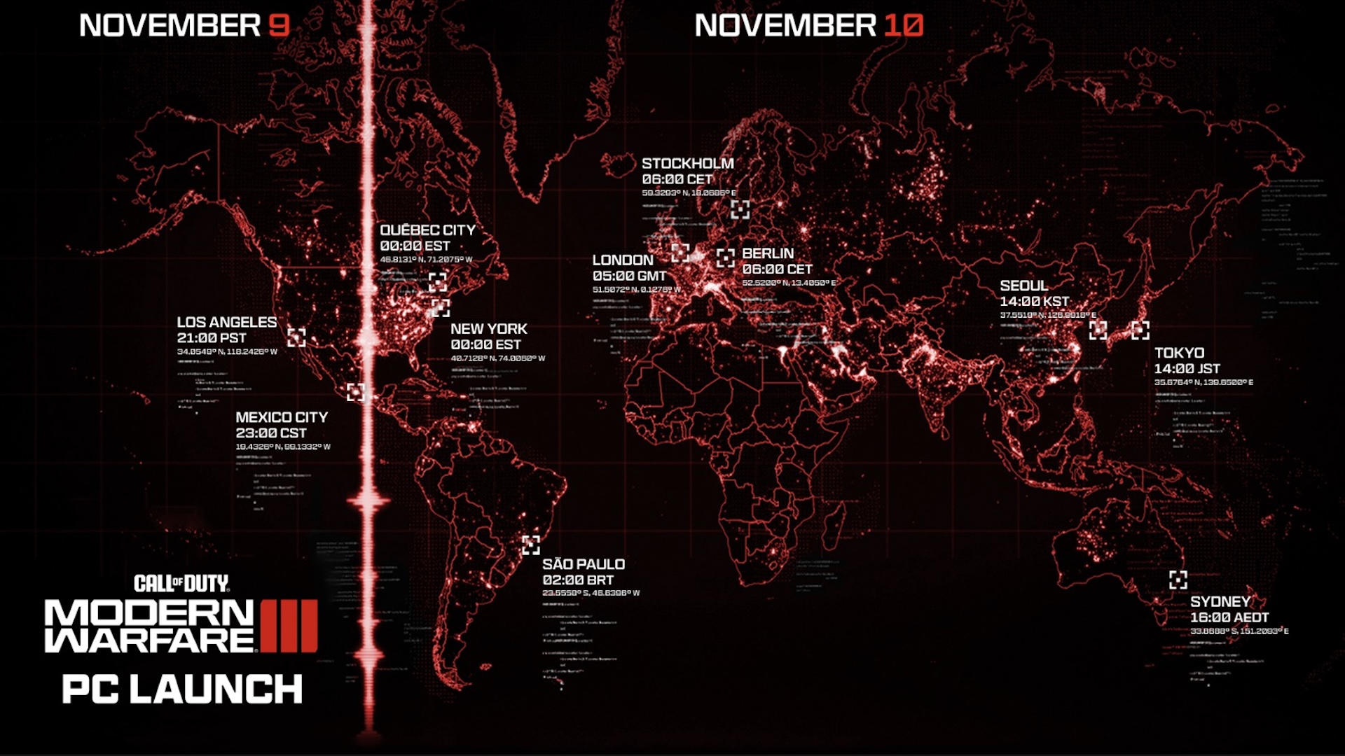 The unlock times for Modern Warfare 3 displayed on a map of the world