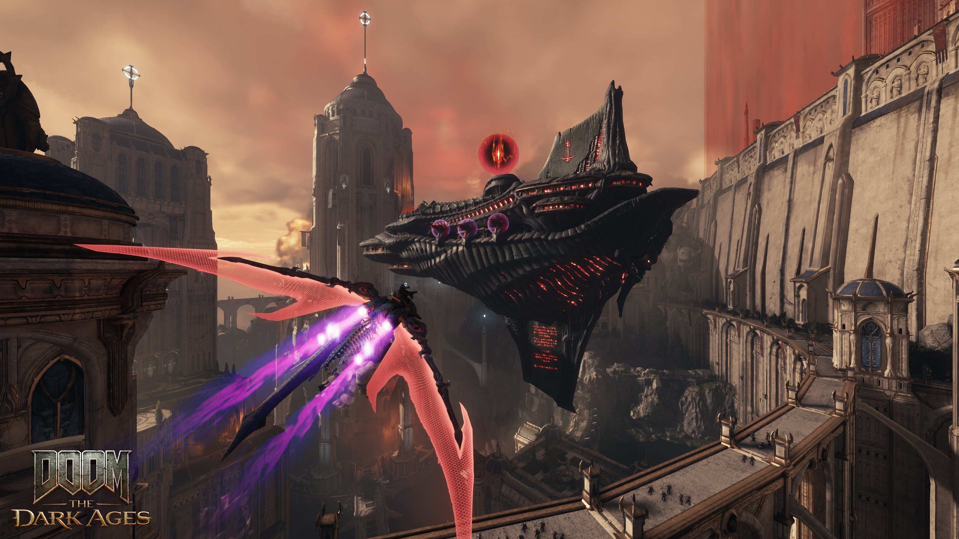 A screenshot from the dragon flying part of Doom: The Dark Ages