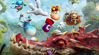 Key artwork for the game Rayman Legends Retold, showing the main character and side characters atop a dragon.