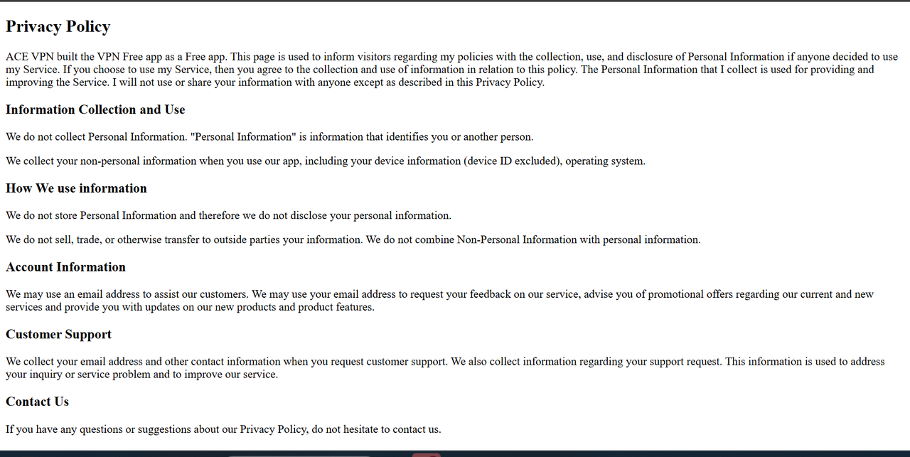 ACE VPN privacy policy