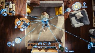 Woman in her living room surrounded by smart home devices