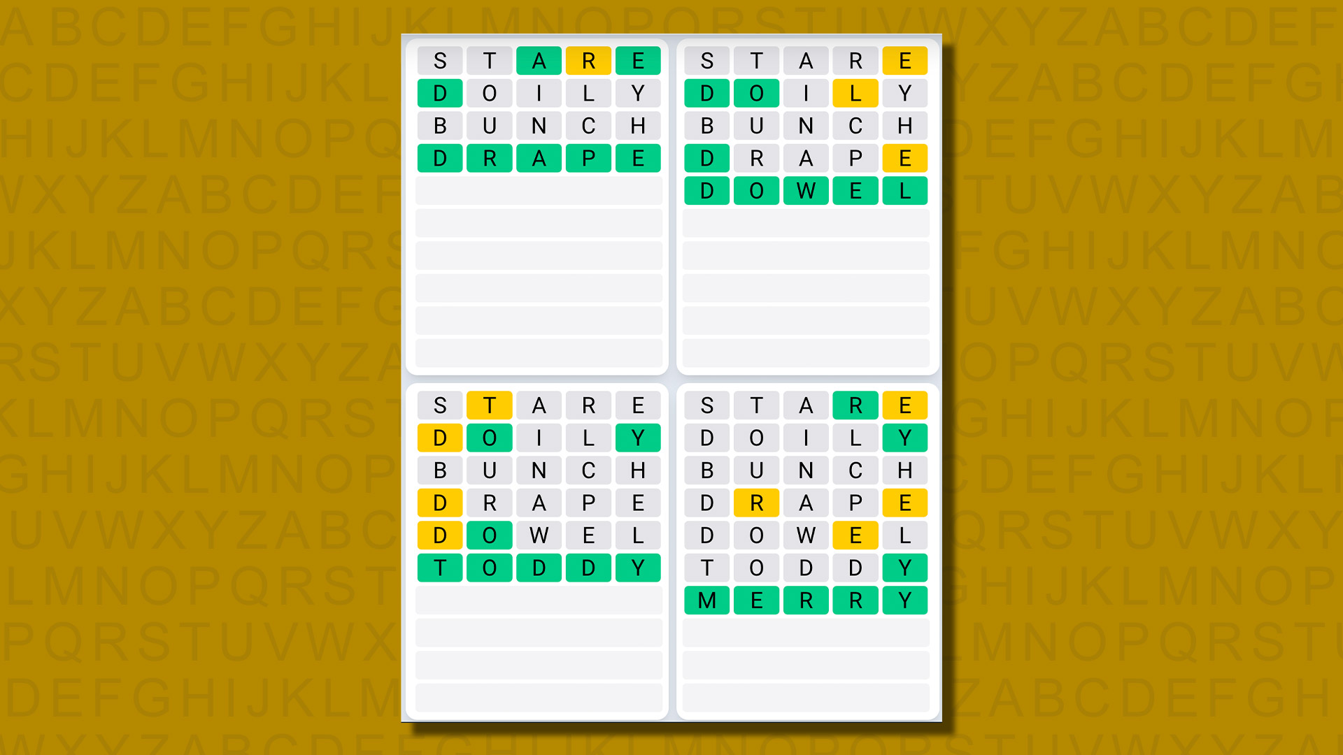 Quordle daily sequence answers for game 645 on a yellow background