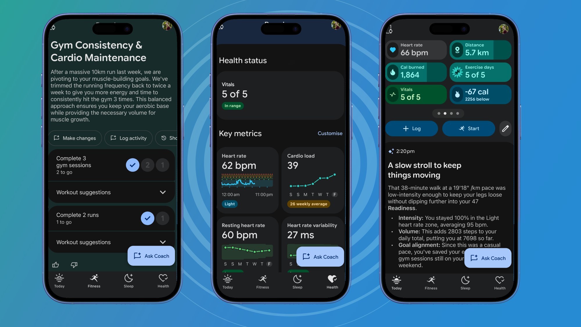Google Health app on three iphones
