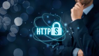 HTTPS - secured internet concept. Businessman or programmer think about https