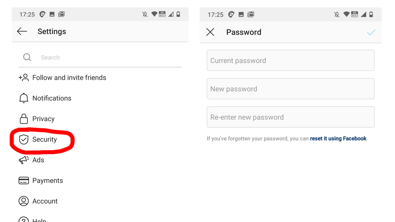 Instagram settings menu