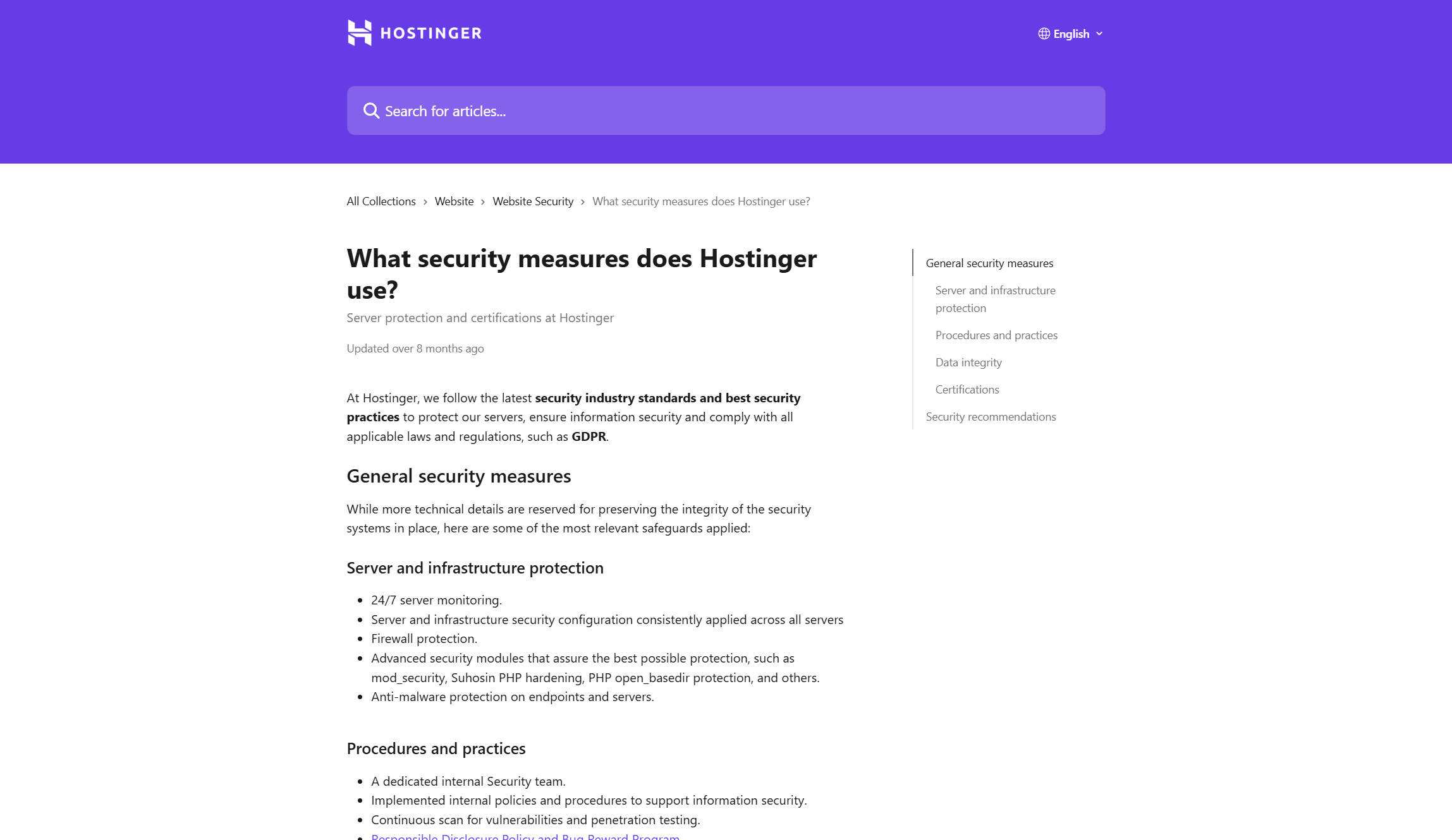 Hostinger security documentation