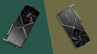 An Nvidia RTX 4080 Super vs RTX 4080 against a two tone background