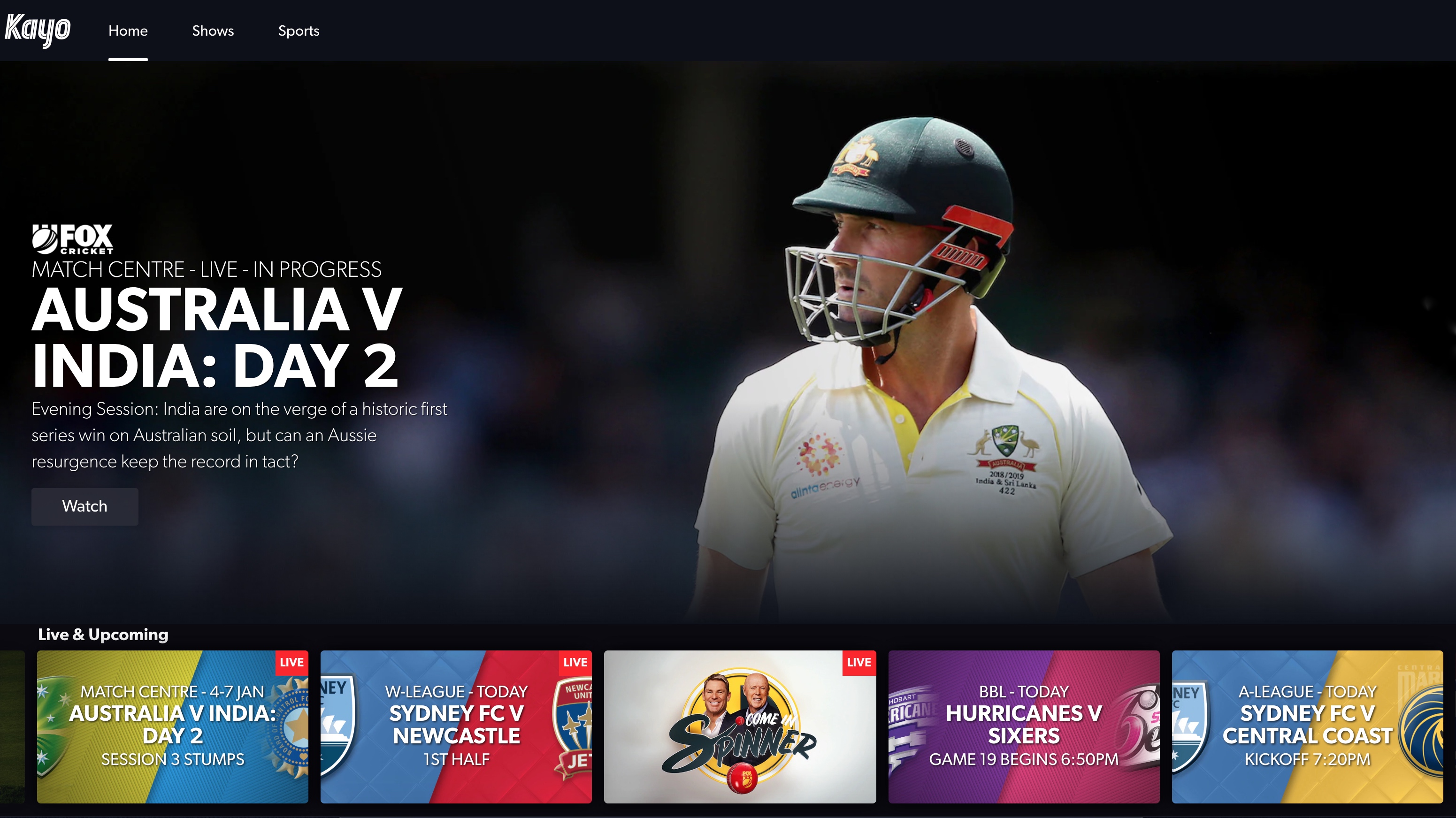 A screenshot of a cricket match on the Kayo Sport desktop app