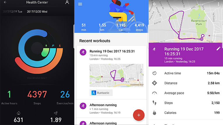 Health Center on the left, Google Fit middle and right