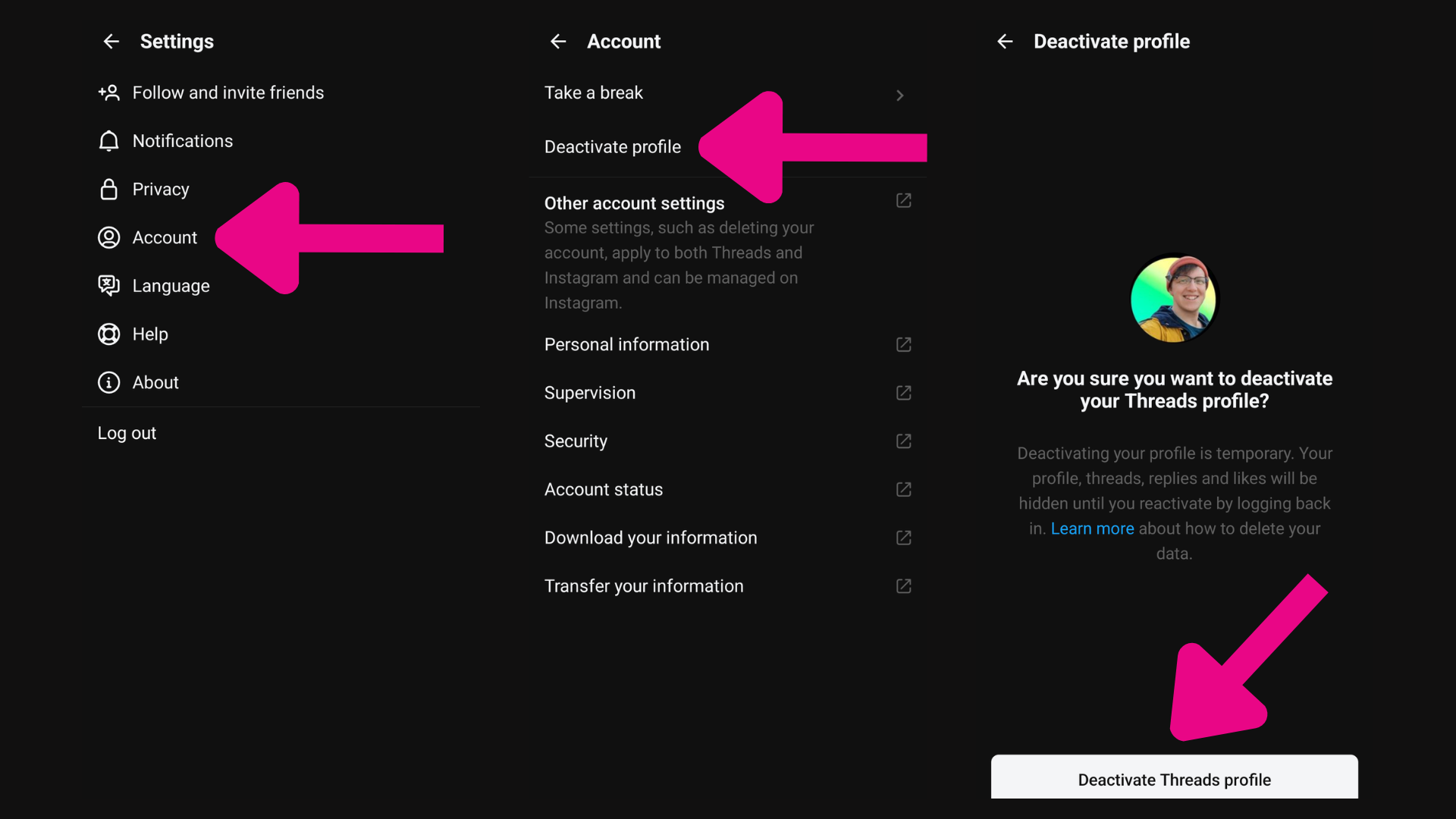Arrows pointing to options in the Threads settinsg that show you how to navigate to the Deactivate Threads option