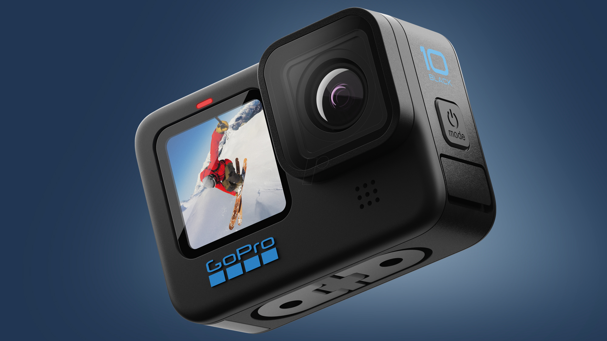The GoPro Hero 10 Black action camera on a blue background