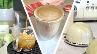 Nespresso machine dispensing coffee, latte made using Nespresso machine, and Nespresso capsules